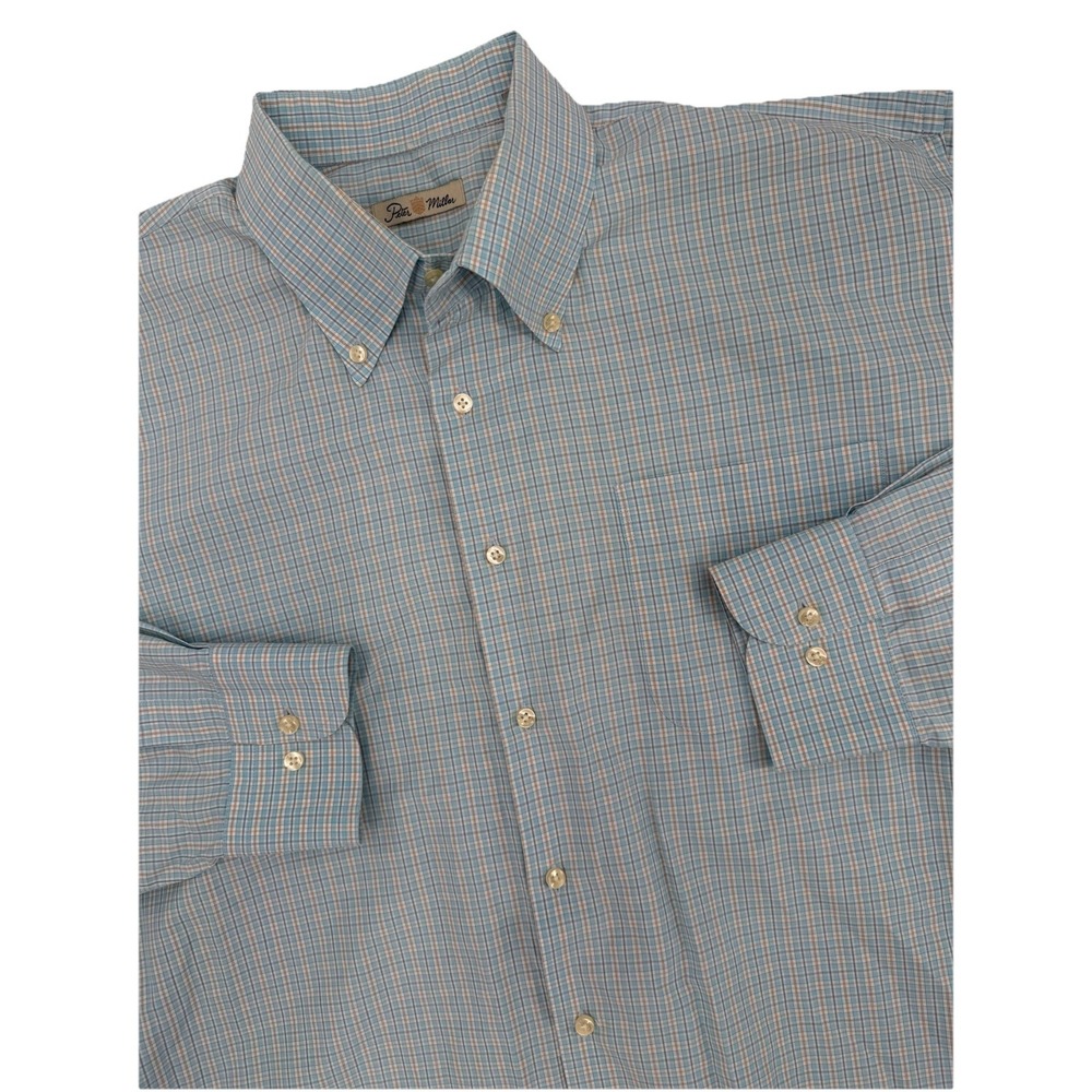 Peter Millar Mens XL Check‎ Button Down Shirt Blue Cotton Long Sleeve Gaillardia